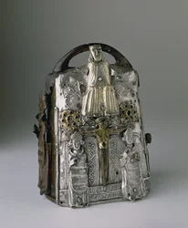 Guthrie-Glockenschrein, mit Darstellungen von Gott und der Kreuzigung, lateinische Inschrift, aufbewahrt im Guthrie Castle, Forfarshire